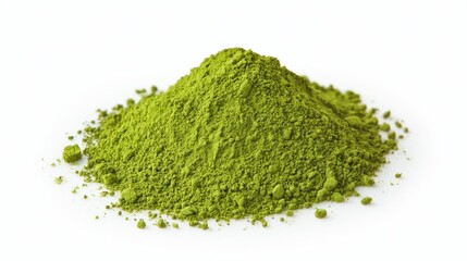 A mound of vibrant green powder, likely matcha or green tea, showcases its fine texture and rich color against a white background.