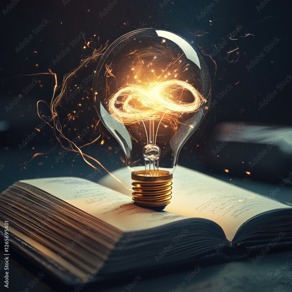Poster a person is studying or reading under the soft glow of a light bulb placed on top of an open book