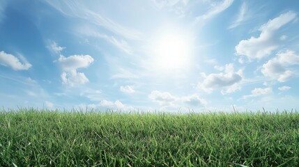 Obraz premium A bright, sunny sky above a lush green field with soft clouds, creating a serene and peaceful landscape ideal for nature lovers.