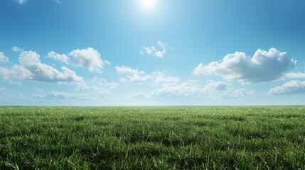 Obraz premium A vast green field stretches under a bright blue sky filled with fluffy clouds, illuminated by the sun, creating a serene and tranquil scene.