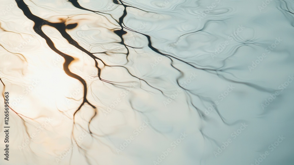 Poster shadows of tree branches cast on rippling water creating a serene and tranquil nature scene