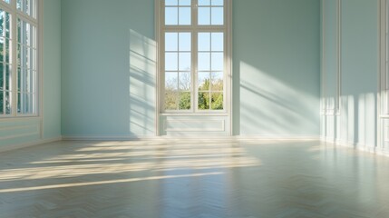 Obraz premium A sunlit room with light blue walls and large windows, casting soft shadows on a smooth, light-colored floor, creating a serene and spacious atmosphere.