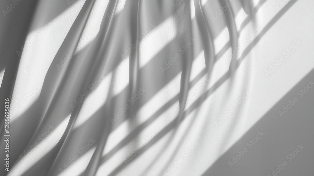 Poster interplay of light and shadow on pleated fabric creating abstract patterns and textures in soft whit