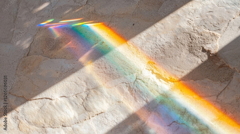 Poster light rays passing through a prism creating a colorful rainbow on a textured surface