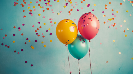 パステルカラーの風船とコンフェッティ
