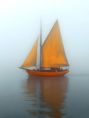 Fototapeta premium Orange sailboat sailing in foggy sea, calm water reflection, misty background, nautical imagery