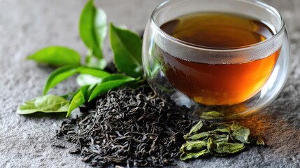 Fototapeta premium A cup of tea sits next to a bowl of loose-leaf tea, perfect for a cozy moment