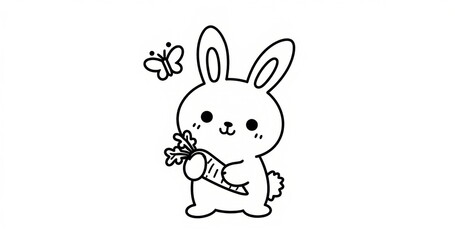 Obraz premium Cute Bunny Holding Carrot Black and White Coloring Page for Kids, Adorable Spring Animal Printable