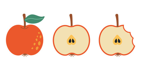Apple illustration with whole and sliced views. A simple digital illustration of an apple, showing a whole fruit, a sliced half, and a bitten half, in a minimalist style