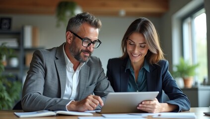 Team of diverse partners mature Latin business man and European business woman discussing project at table in office. Two colleagues of professional business people working on tablet