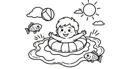 Fototapeta premium Happy Boy Swimming with Floatie Coloring Page for Kids, Fun Summer Activity Black and White Printable