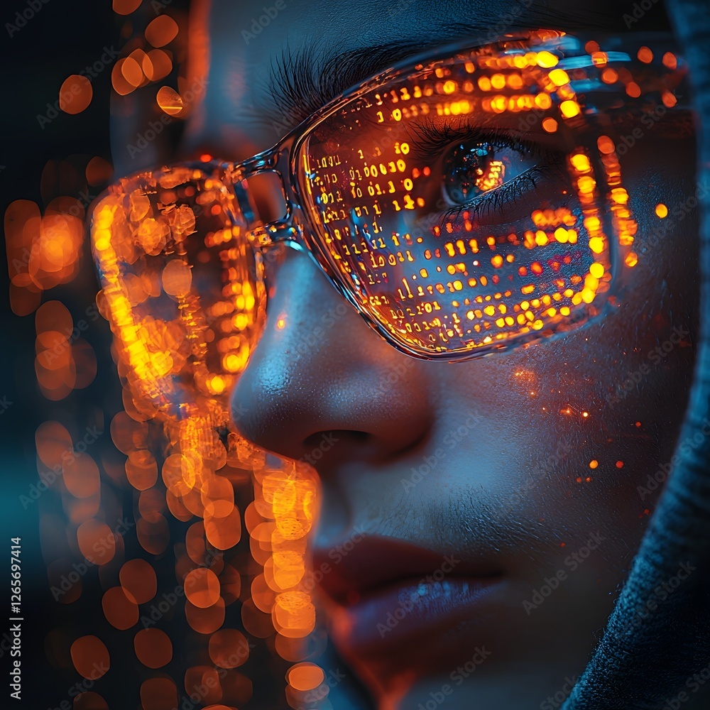 Poster futuristic software developer in glowing holographic workspace with coding glasses and hoodie