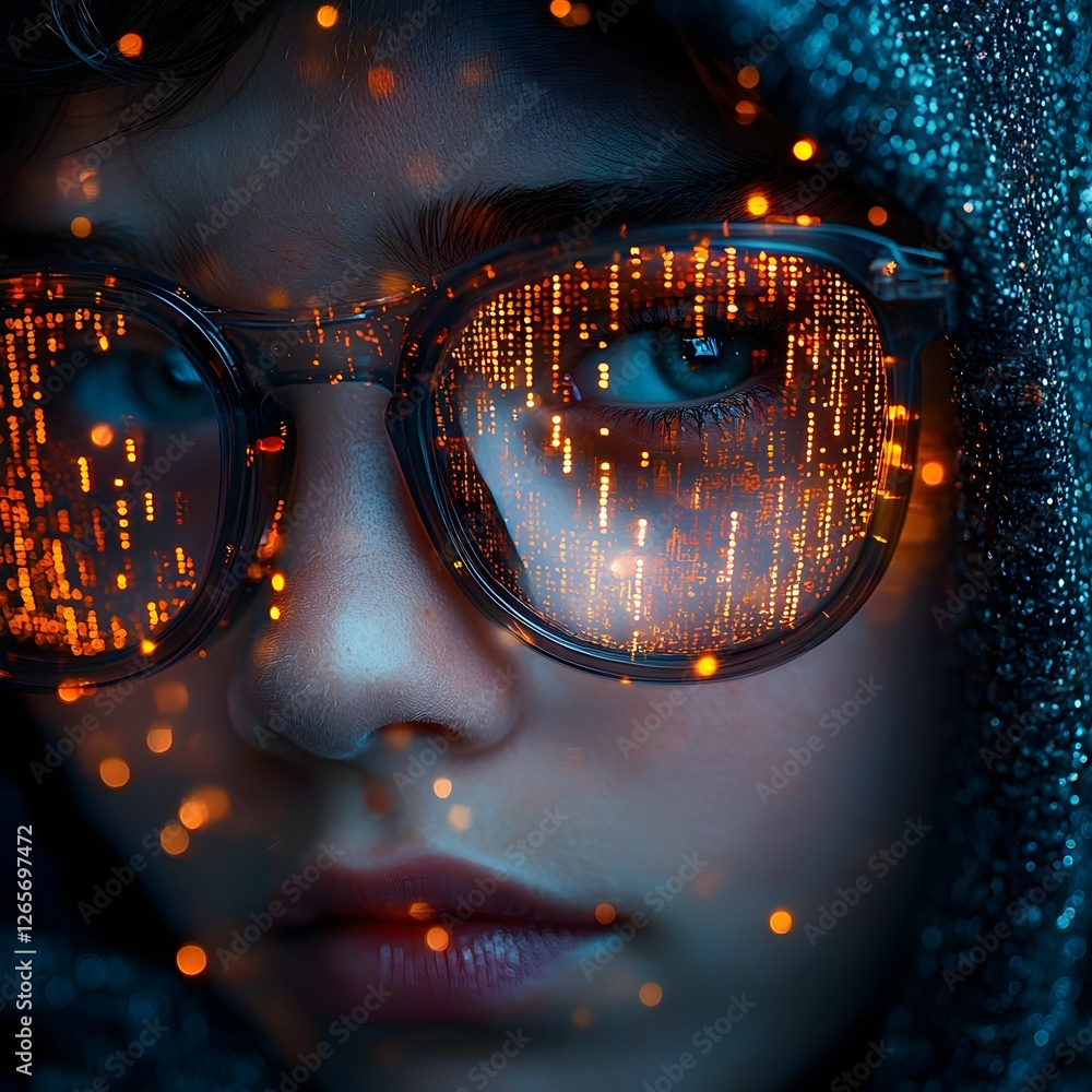 Poster futuristic software developer surrounded by glowing holographic code and workstation