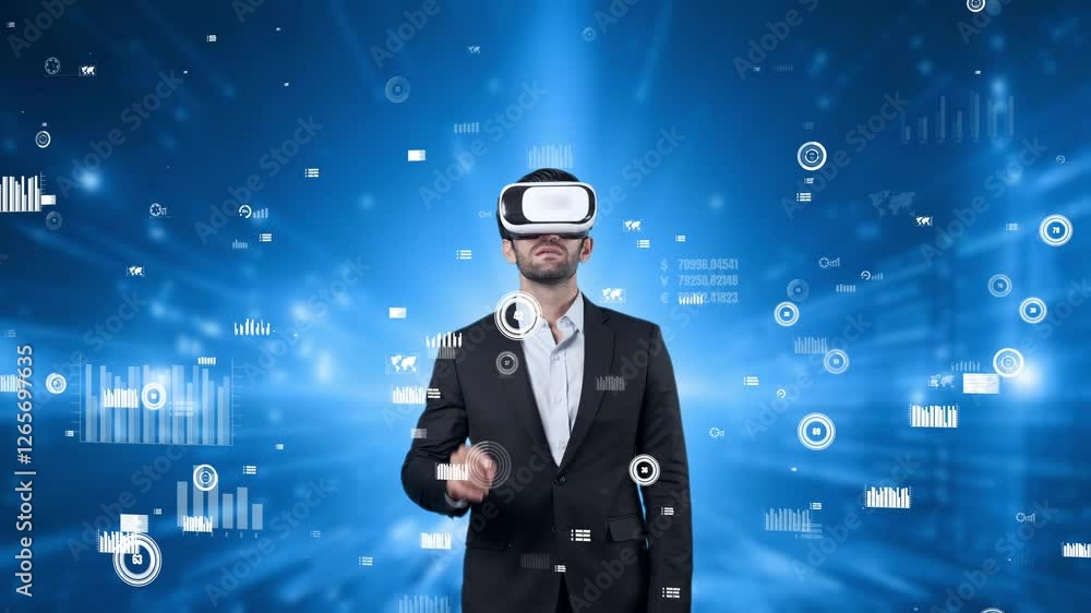 Poster project manager wearing vr headset while analyzing at financial statistic. business man wearing virt