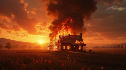 Obraz premium Burning House at Sunset – Intense Flames and Smoke in an Apocalyptic Rural Landscape
