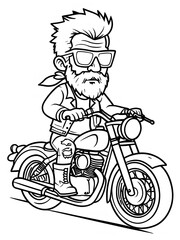Elderly Man on Classic Motorcycle Cartoon Illustration Coloring Page
