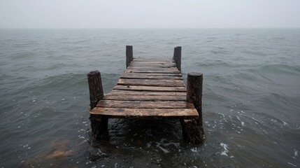 Misty lake pier, weathered wooden planks, calm water, tranquil scene, nature background, photography, travel destination