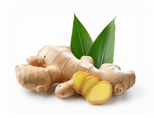 closeup of fresh organic ginger with leaves