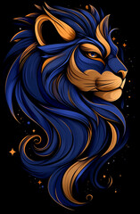 A lion with blue and gold fur and a golden mane. The lion has a look of determination and strength