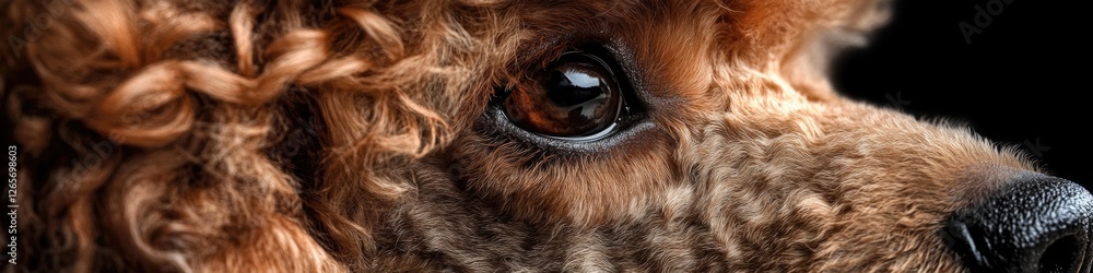 Poster close-up shot of a dog's face on a dark background, suitable for use in pet-related or animal-themed