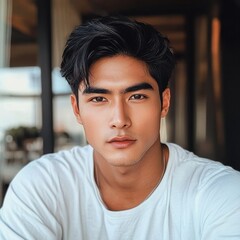 Fototapeta premium A close-up portrait of a young man with stylish hair, a neutral expression, and a light background, conveying a modern and clean aesthetic.