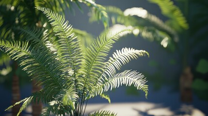 Lush fern foliage in tropical garden setting, sunlight filtering through palm trees