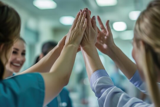 A group of nurses lifting hands in celebration, conveying teamwork and camaraderie