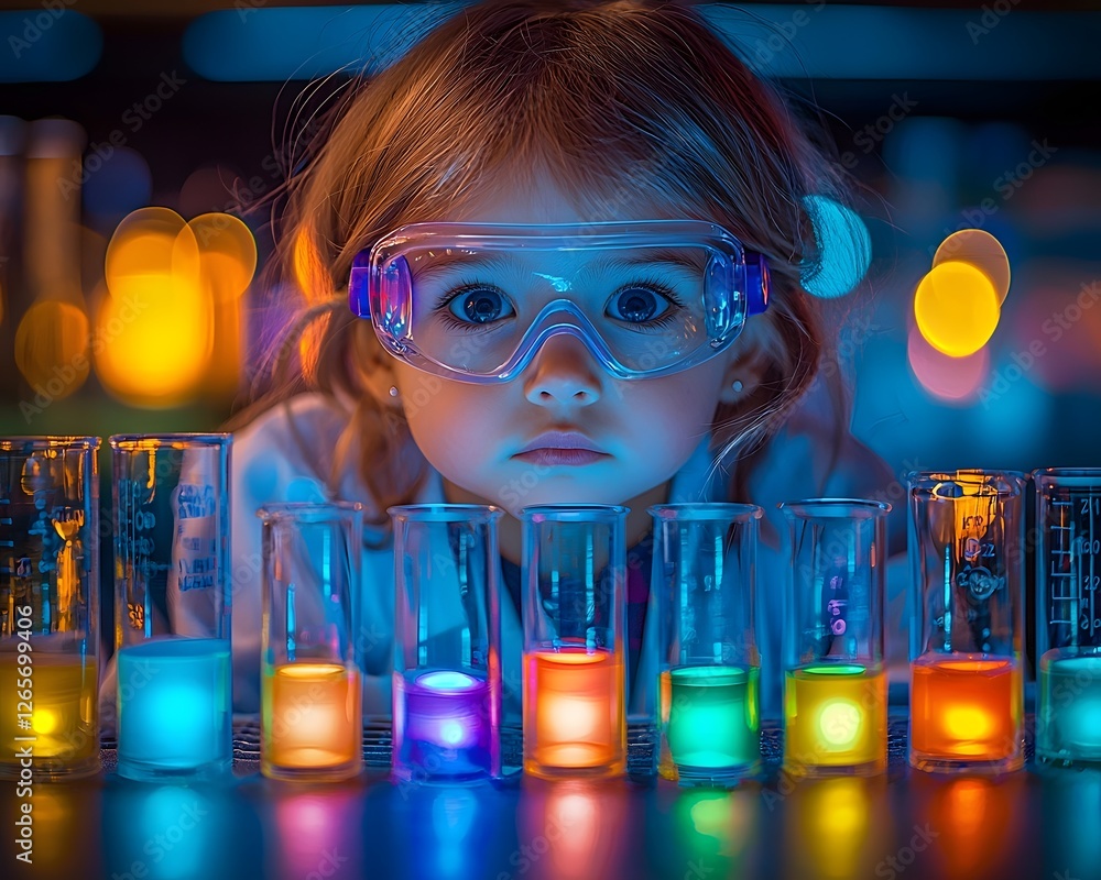 Poster a little scientist surrounded by colorful experiments in a playful science lab