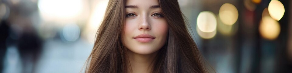 Fototapeta premium A woman with long brown hair looks directly into the camera