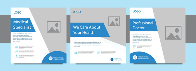 Medical and healthcare square banner template design. Dental care social media post. White background with blue shape. Suitable for social media post, and web ads.