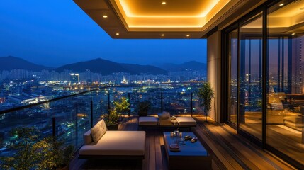 Luxurious balcony with city view at dusk or night time