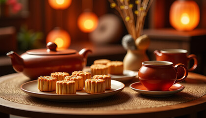 Fototapeta premium Assorted mooncakes and tea arranged on wooden table, Mid-Autumn Festival