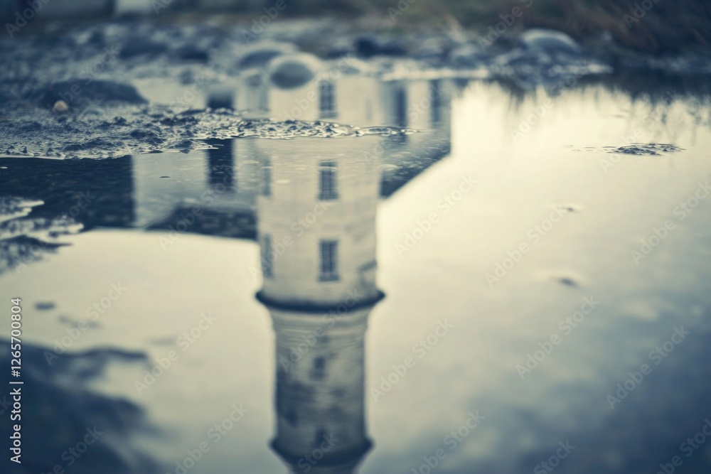Poster a clear reflection of a building in a puddle of water, suitable for use in architecture or urban pla