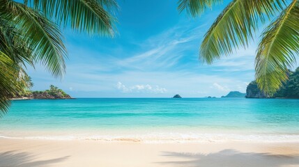 A serene beach scene featuring clear turquoise waters, soft sand, and lush palm trees under a bright blue sky.