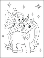 Black and white fairy coloring pages for kids. Children's coloring books with cute cartoon fairy and unicorn characters, fun and educational materials for kindergarten.