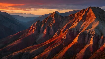 Fototapeta premium Majestic mountain peaks bask in the warm glow of a vibrant sunset