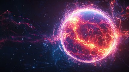 Obraz premium A pulsating energy sphere floating in the void, studied by robotic probes, luminous and intense