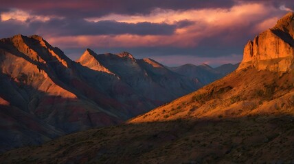 Fototapeta premium A vibrant sunset paints the rocky mountain landscape with hues of gold