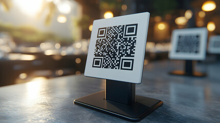 QR code on table, restaurant background, menu access