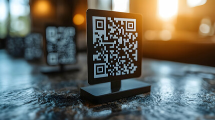 QR codes on table, restaurant interior, sunlight. Menu access, digital ordering