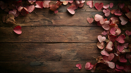 Romantic Valentine's Day background Pink heart-shaped petals scattered on rustic wooden table. Ideal for greeting cards, invitations, and social media posts