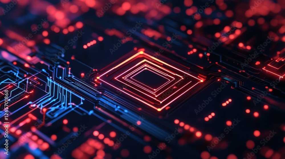Poster a vibrant close-up of a circuit board, showcasing intricate patterns and glowing lights in red and b