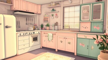Cozy kitchen with pastel colored cabinets and vintage appliances