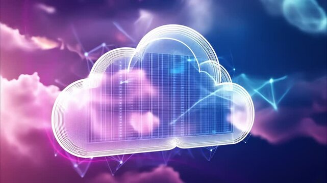 A stylized cloud icon representing cloud computing and data storage, set against a vibrant, abstract background.