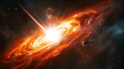 A pulsar emitting vibrant waves of light, with advanced spacecraft harnessing its energy, cosmic and powerful