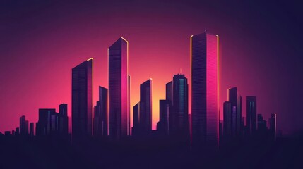 Fototapeta premium A vibrant city skyline at sunset, featuring sleek skyscrapers silhouetted against a striking gradient of purple and pink hues.