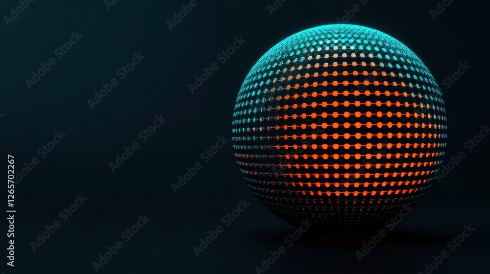 Poster a 3d spherical object illuminated with vibrant blue and orange dots, set against a dark background, 