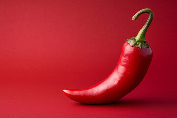 Single red chili pepper on matching red background, with copy space for text