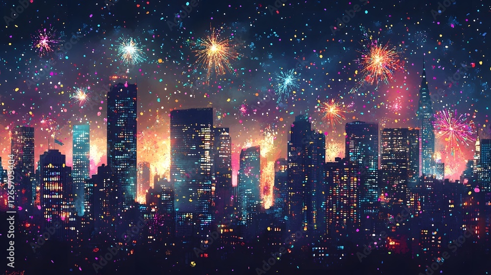 Aufkleber captivating cityscape illuminated by a stunning display of colorful fireworks bursting across the ni
