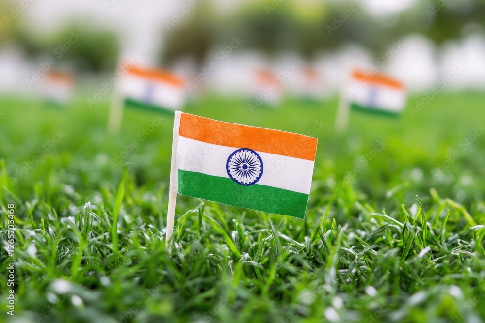 Poster a field of green grass with small flags scattered throughout
